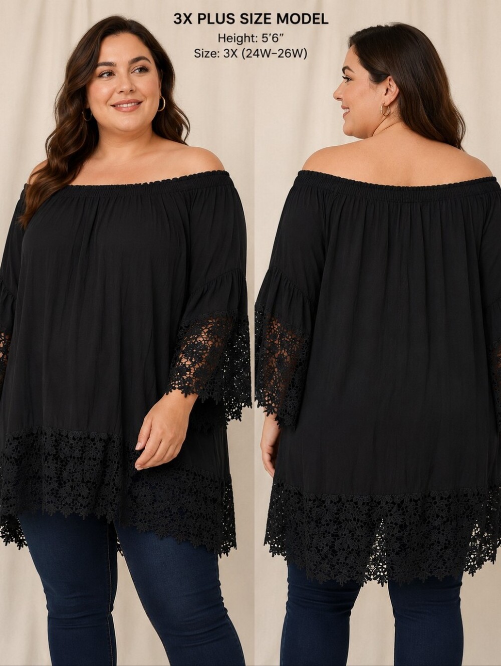 Colleen Lopez 3X Black Off Shoulder Lace Trim Boho Peasant Blouse